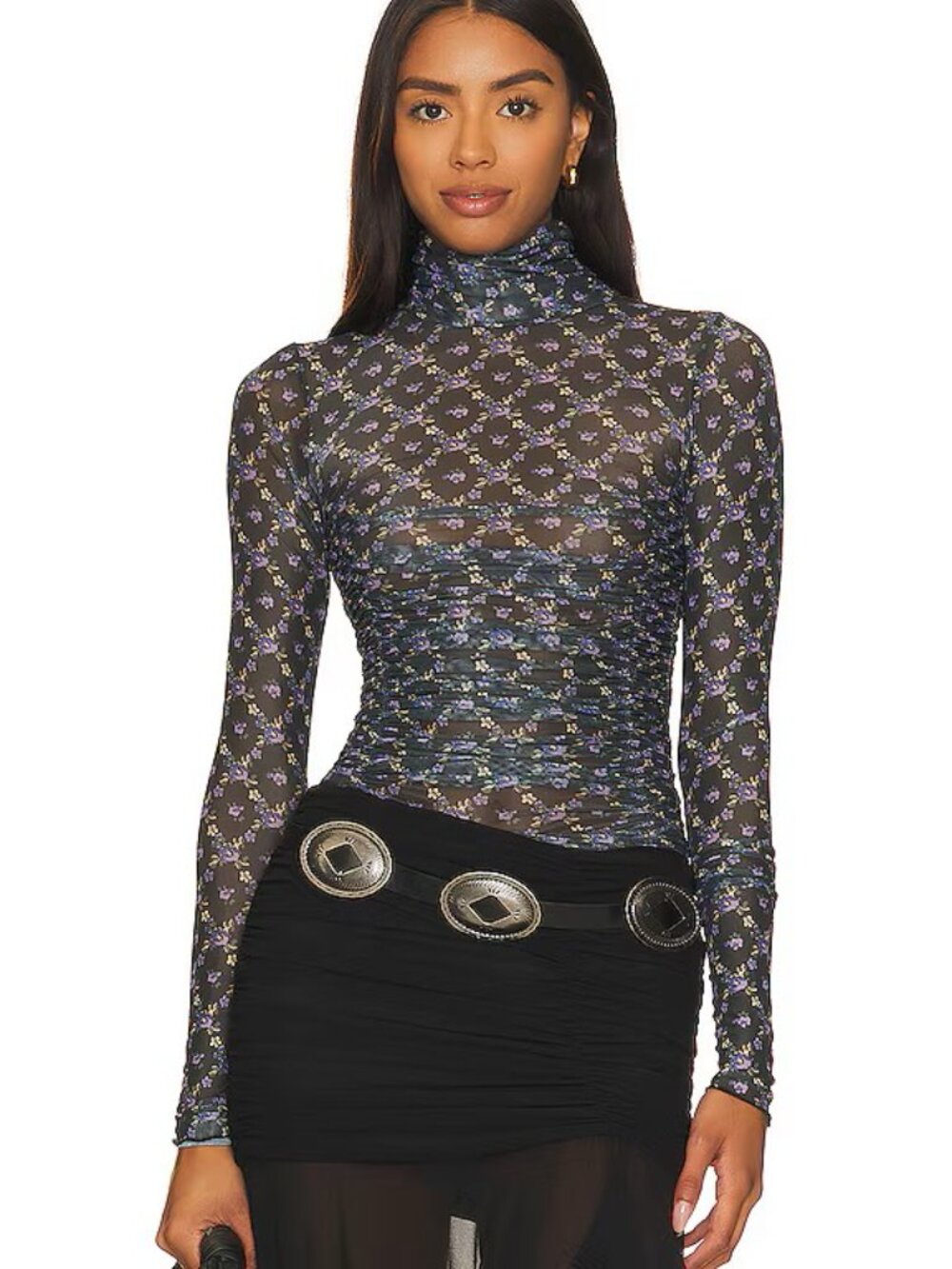 Free People Intimately Under it All Floral Ruched Mesh Turtleneck Bodysuit. Sz M